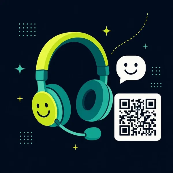 Een lachende supportheadset naast een chatballon en een QR-code.