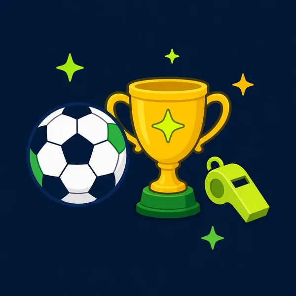 Een voetbal, een gouden beker en een scheidsrechtersfluitje.