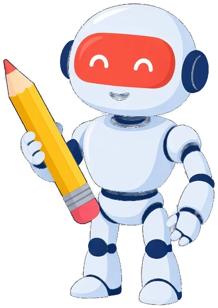 Reggie, onze vriendelijke robotmascotte, met een groot geel potlood en omringd door zwevende app-iconen.